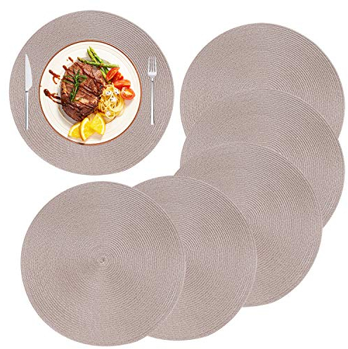 Rund Tischsets Abwaschbar Platzsets 15 inch rutschfest Geflochtene Platzdeckchen Hitzebeständigeb für Küche Speisetisch Party Dekor (6er Set, Khaki)