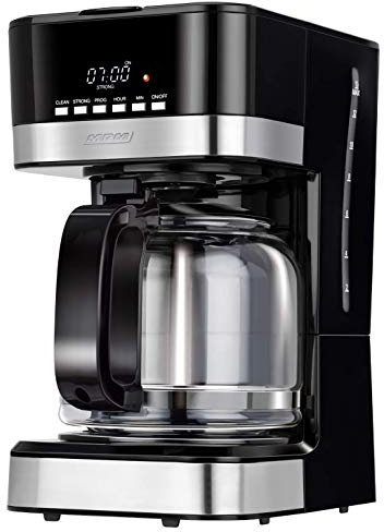 MPM MKW-05 Cafetière Électrique, Machine à Café Automatique, Programmable, 15 Tasses, 1,8 litres, Filtre Permanent, Écran LCD, Fonction de Maintien au Chaud, 950W, Noir/Acier Inoxydable