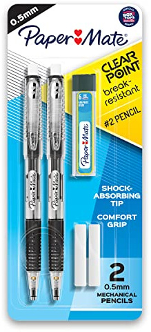 Paper Mate Clearpoint Mechanical Pencils, 0.5mm Break-Resistant HB #2 Lead, Eraser Refills, 2 Count