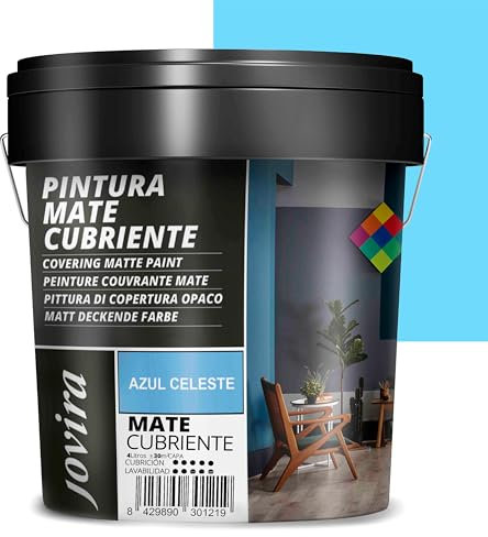 JOVIRA PINTURAS Pintura Mate Cubriente | 24 colores | Pintura interior-exterior con excelente poder cubriente. (4 Litros, Azul celeste)