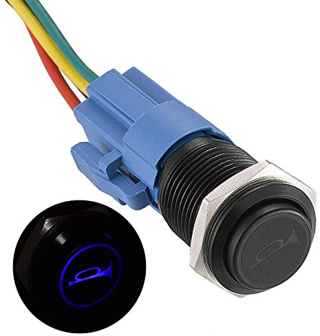 APIELE 16mm klaxon Bouton Poussoir 12 V interrupteur Avec LED momentané Interrupteur Avec fiche pré-câblée Pour voiture, camion, bateau(bleu)
