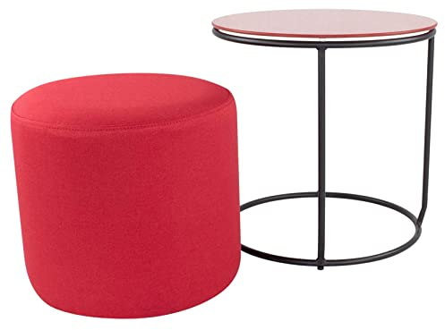 i-flair Nachttisch Beistelltisch mit Hocker Jasper runder Couchtisch und Pouf 40x40 cm N6 Rot - Schwarz - Rot