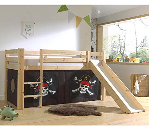 Bett mit halber Höhe 90 x 200 cm, Lattenrost, inkl. Bezug Pirat Pino – Holz