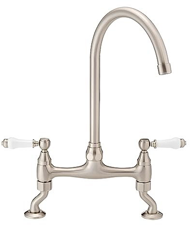 ENKI, Astbury, KT103, Deck Mounted Brushed Nickel, Kitchen Sink Mixer Tap, Featuring a Swivel Swan Neck Spout and Quarter Turn Ceramic Levers, Solid Brass Construction, Traditional Design