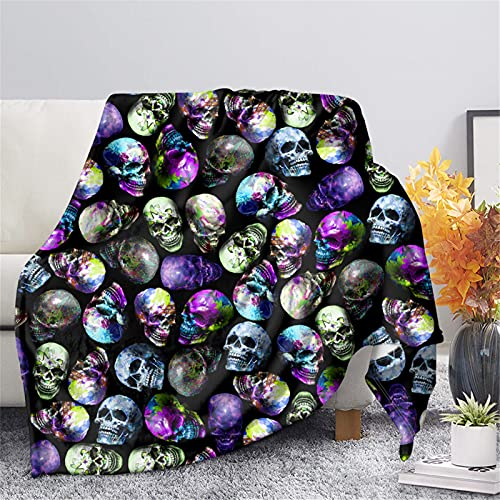 HUGS IDEA Sherpa-Fleecedecke mit floralem Totenkopf für Zuhause, Büro, Stuhlbezug, Nickerchen, buntes Skelett, Schmetterling, Blume, zottelig, warme Decke, Yoga-Matte, Picknick-Matte, 2XL