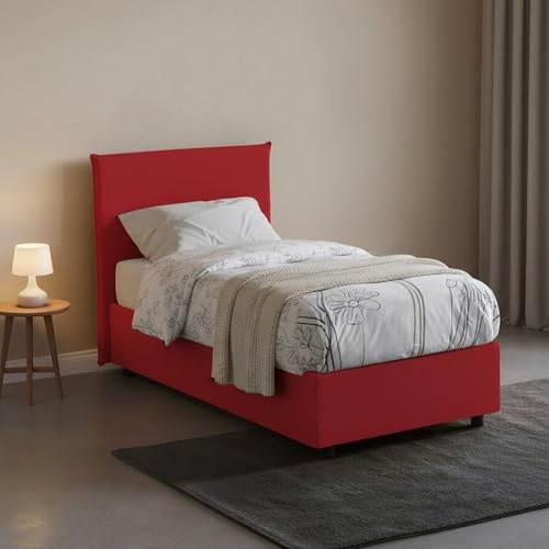 Talamo Italia - Chelsea-Einzelbett, Bettkasten mit Stoffbezug, 100 % Made in Italy, Öffnung vorne, geeignet für Matratzen 90 x 190 cm, Rot