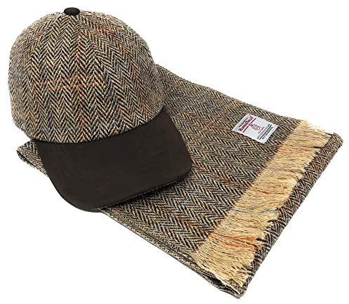 Scott and Mackenzie Harris Tweed Baseballmütze und Schal Set in braunem Fischgrätenmuster, braun, M