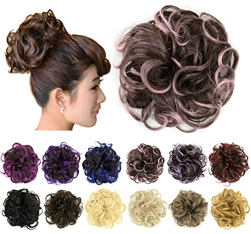 IMISSU 2 STÜCKE Messy Dutt Haarteil Hochsteckfrisur Gefälschte Haargummis Pferdeschwanz Verlängerung Wellenförmige Lockige Haarteile Chignon Stirnband (2 STÜCKE Braun Pink)