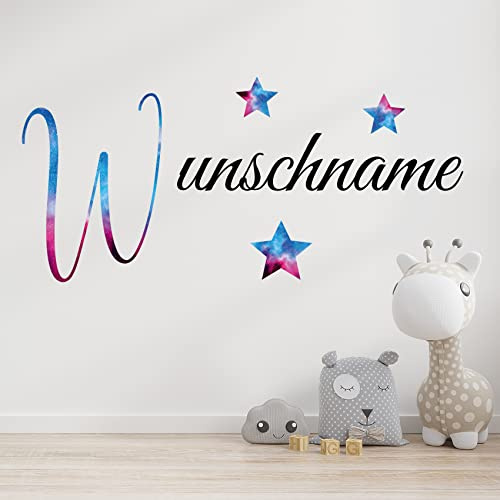 Wandaufkleber Set mit Wunschname Wunschtext Wandtattoo personalisiert mit Name Sterne Feder Blume für Kinderzimmer Wohnzimmer Tür Eingang Flur (01 Galaxie)