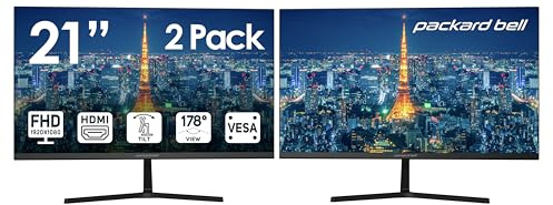 Packard Bell Monitor da 21 FHD 1920 x 1080 per computer, 75 Hz, 5 millisecondi, doppio monitor, ultrawide, supporto VESA, inclinabile, VGA e monitor HDMI, monitor base e gaming, confezione da 2