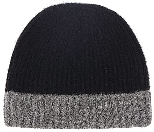 Mütze für Herren, 100 % reines Kaschmir, zweifarbig, warm, weich, 3-lagig, Kaschmir-Mütze in Geschenkbox; ultra-plüschig