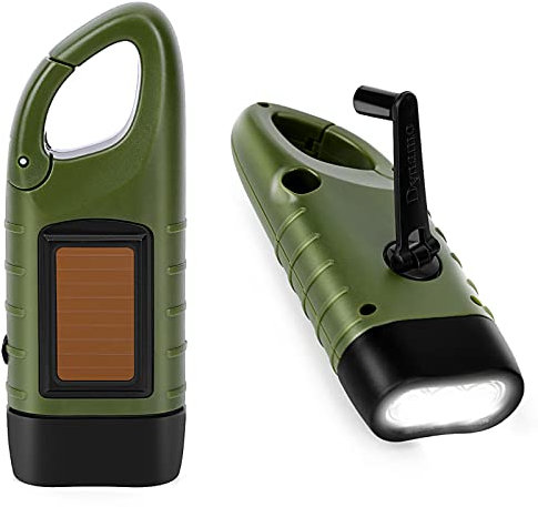 PKKP Torcia elettrica a manovella, 2 pezzi, torcia solare a LED di emergenza con fibbia per escursioni, torcia dinamo, ricaricabile, attività all'aperto, arrampicata/escursionismo (verde militare)
