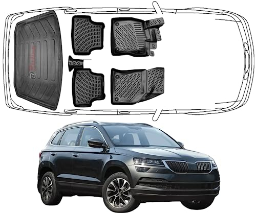 Trimak Passgenau 3D Fussmatten & Kofferraumwanne Auto Set Kompatibel mit Skoda Karoq 2017-2022 Auto Zubehör Gummimatten & Kofferraummatte Autos TPE Allwetter Geruchlos rutschfest Schwarz