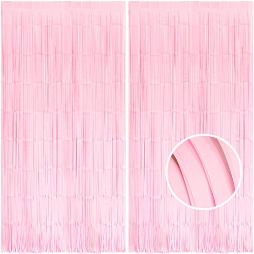 BRAVESHINE 2PCS Pastel Pink Foil Fringe Curtain Kids Party Backdrop - 3.3x8.2ft Pale Pink Tinsel Curtain Photo Booth Props For Girls Birthday Baby Shower Christmas Easter Princess Party Decorations