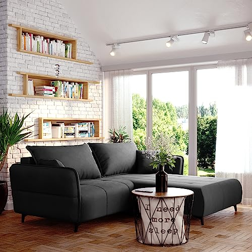 Sofa Isabell mit Bettkasten Schlafsofa Polstersofa mit Schlaffunktion Klappsofa Couch mit Schwarzen Füßen Sofagarnitur Wohnzimmer Gastzimmer (Sofa L-Form, Grafit)