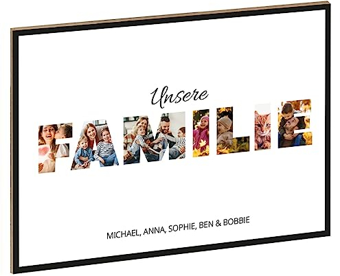 GRAVURZEILE Holzschild mit Foto - Familie Design - Personalisiert mit Namen und eigenen Fotos - Personalisiertes Foto Geschenk zum selbst gestalten für Sie & Ihn - DIN A4 Format - Farbe: Familie