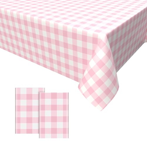 2PCS Rosa Weiß Karierte Tischdecken,Tischtuch Karo Rosa Weiß Einweg Plastik Tischdecke Einweg Tischdecke mit Karierter Flagge für Gartentisch Feierntage Party Weihnachten Hochzeit Picknick 137 x 274cm