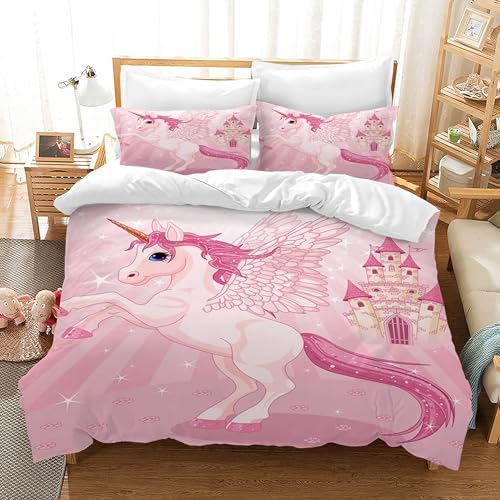 Hoimlm Einhorn Bettwäsche,Kinder Bettwäsche Set mit Bettbezug and 2 Kissenbezug,Cartoon Einhorn mikrofaser Soft Mädchen Bettwaren, mit Reißverschluss (135 x 200cm, Style I)