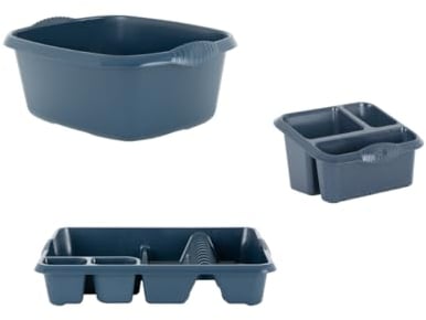 Aurora - Plastic Rectangular Washing Up Bowl, Large Dish Drainer Rack Plate Holder Kitchen Sink & Large Sink Tidy Cutlery Drainer Holder Caddy Set of 3 (Navy)