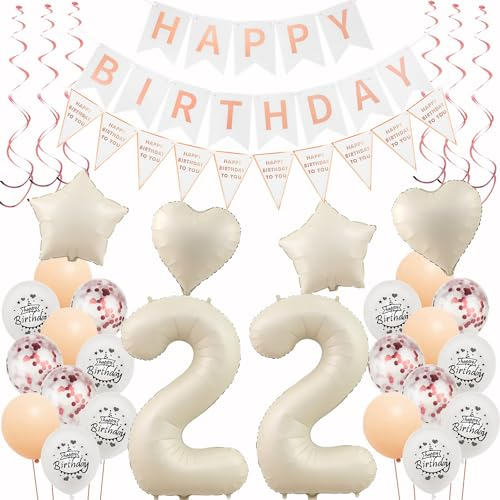 Deko 22. Geburtstag Frauen Beige Roségold Luftballons 22 Geburtstag Dekoration Frau，22 Gertstag Deko，Geburtstagsdeko 22 jahre Frauen,Happy 22th Birthday Girlande 22 Party