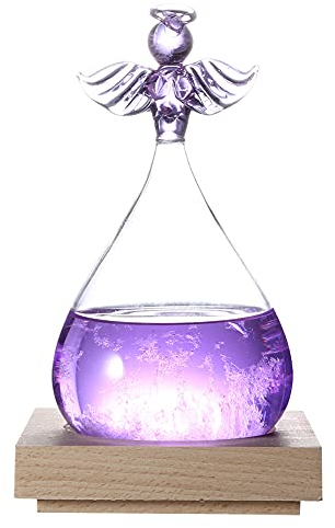Gsycle Pronosticador Meteorológico de Cristal, Pronosticador Meteorológico Decorativo de Cristal en Forma de Ángel con Base de Madera y Colorido Barómetro para el Hogar (Púrpura)