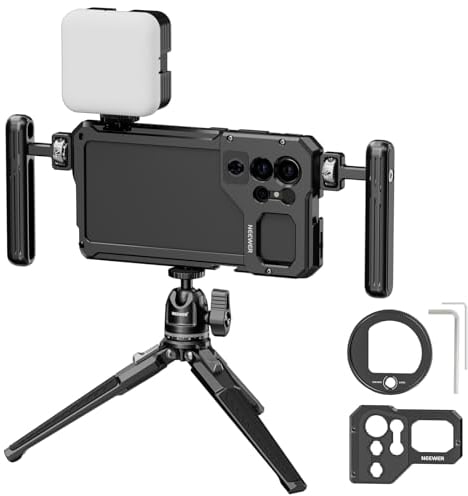 NEEWER S23 Ultra Phone Cage Video Rig with Dual Side Handle Grips, 67mm Filter Adapter, 17mm Lens Backplane, RGB LED Light, Mini Tripod, Phone Stabilizer for Samsung S23 Ultra Video Recording Filming