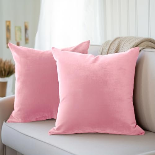 Encasa XO Kissenbezüge aus Samt - 2er-Set (50x50 cm) - Hell-Pink- Uni gefärbt, weich & glatt, waschbar, quadratisch, großer Wurfkissenbezug für Couch, Sofa, Stuhl, Bett und Wohnbereich