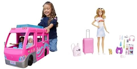 Barbie Bundle, Camping-car de rêve (HCD46) + poupée Barbie et accessoires (HJY18), 2 jouets pour enfants 3 ans et +