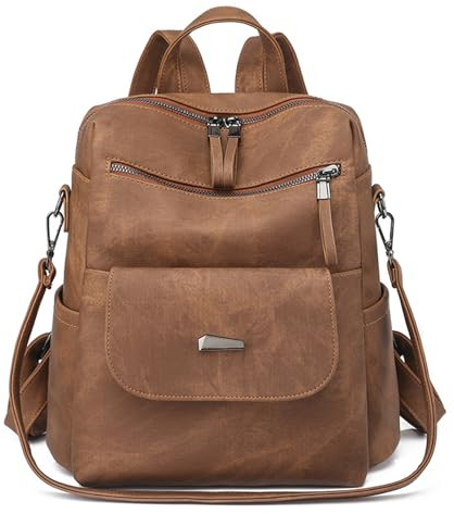 Damen Rucksackhandtaschen aus PU Leder, Wasserdicht Rucksack Damen Reisetasche, Retro Backpack Tagesrucksack Hohe Kapazität Daypack Schultertaschen für Freizeit Reisen Arbeit Schule (Braun)
