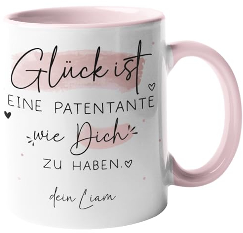 kleinebuchstaben® Personalisierte Tasse „Glück ist eine Patentante wie dich zu haben [Wunschname] - Geschenkidee für die beste Patentante oder Patin der Welt - Tasse Innen & Henkel - Rosa