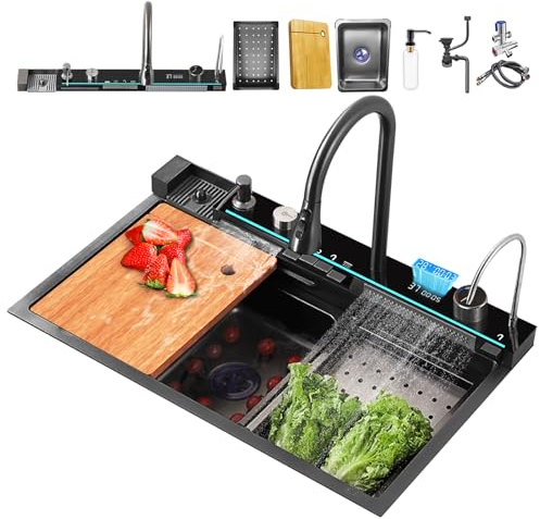 BIGYOUZI Lavabo sobre encimera con Grifos Negro cocina fregadero lavabo Fregadero cocina 1 seno Grifo Extraíble en cascada con juego completo de Accesorios de Fregadero (Negro, 68 * 46 * 22CM)