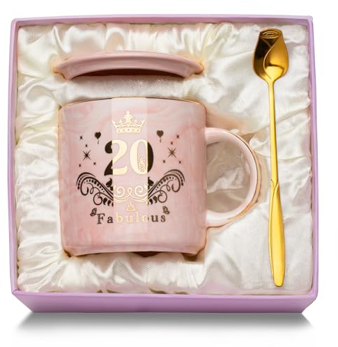 20th Birthday Gifts for Her Women, Happy 20th Birthday Marbled Ceramic Cup 400ml, 20 Birthda-y Decorations Gift for Best Friends Daughter Girlfriend Birthda-y Unique, with Spoon, Card, Lid, Giftbox