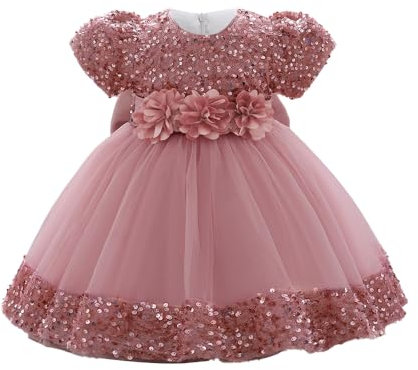 Cichic Baby Bridesmaid Dresses Elegant Puffy Sequin Tulle Festival Toddler Wedding Flower Girl Dress Dark Pink 3-4 Years