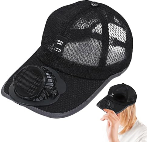 Ruwshuuk Solar Fan Hat, Trucker Sun Fan Hat, Breathable Beach Hat with Cooling Fan, UV Protection, Solar Powered Hats for Men & Women Black