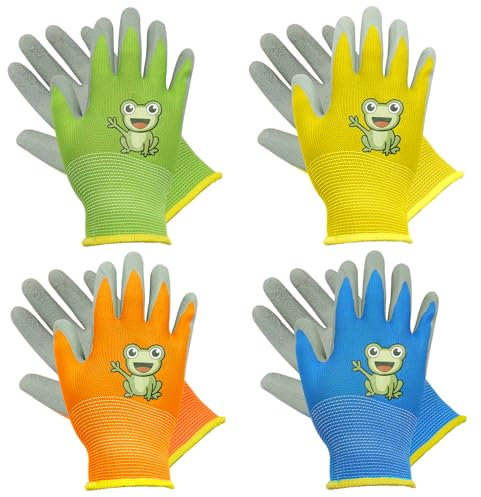 VEGCOO 4 Pares de Guantes de Jardinería para Niños, Guantes de Jardín para Niños a Prueba de Espinas y Transpirables, Guantes de Trabajo para Patio, Jardín, Actividades al Aire Libre,M, 5-7 años