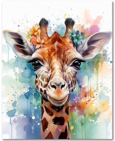 TISHIRON Kit de peinture par numéros - Peinture acrylique aquarelle pour adultes, girafe et fleurs - 40,6 x 50,8 cm - Sans cadre