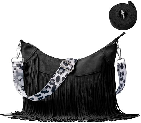 Modacarry Damen-Hobo-Tasche aus Wildlederimitat mit Fransen und langen Trägern mit Leopardenmuster, Schwarz