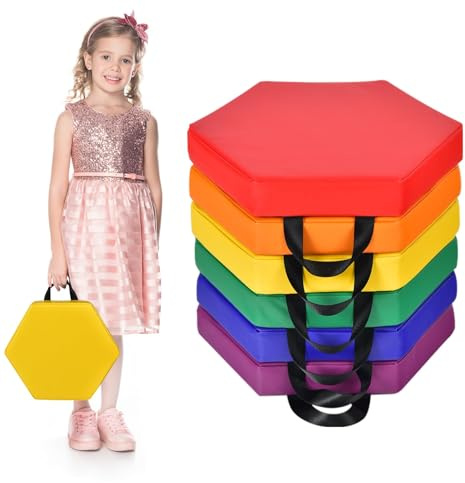 LIFEZEAL Stuhlkissen 6er Set für Kinder, Sitzkissen aus Schaumstoff und PU, Mehrfarbig Bodenkissen stapelbar mit Griff, 38 x 34 x 5 cm, für drinnen und draußen, Hexagon (Rot + Mehrfabrig)