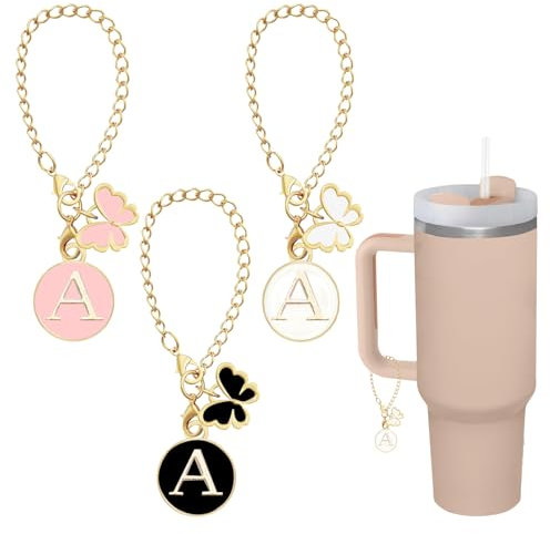 SHIXPIOV Buchstaben-Anhänger für Stanley-Cup, Perlenkette, Zubehör, Stanley-Cup, Initialen-Anhänger für Griff, Wasserflasche, Schmuck, Becher, Name-ID,Round Letter mit Schmetterling (3 Stück, A)