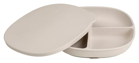 b.box Assiette Ventouse pour Bébé en Silicone + Couvercle | Assiette Bébé avec Socle Ventouse | 100% Silicone Platine | Adapté au Lave-Vaisselle | Dès 6 Mois