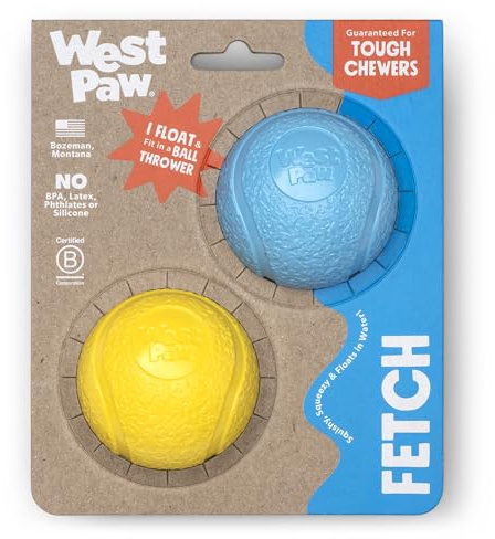 WEST PAW Boundr Ball Dog Fetch Toy – Bouncing Toys for Dogs, Fetch, Catch, Chewing, Play – Floatable, Recyclable Balls – Small Aqua Blue/Dandelion Yellow 2-Pack