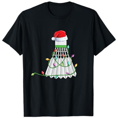 Weihnachts-Badminton-Geschenk, Weihnachtsmannmütze verpackt in Weihnachtslichtern T-Shirt