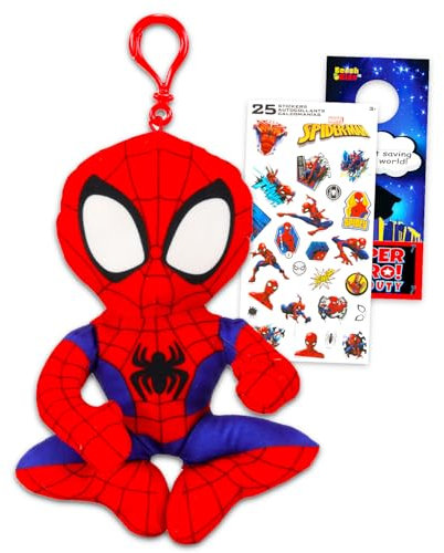 Ensemble de porte-clés Spiderman en peluche – Ensemble de clips de sac Spiderman avec porte-clés Spiderman en peluche de 15,2 cm et autocollants – Porte-clés en peluche Spiderman pour sac à dos,