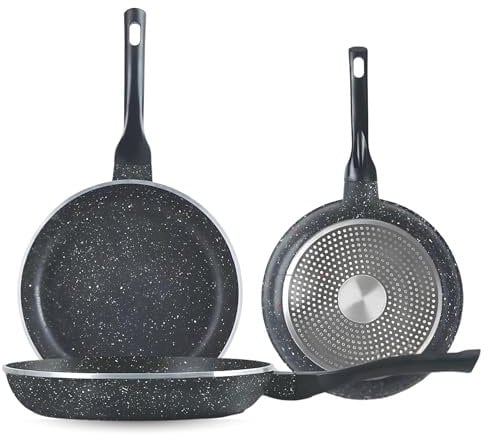 SK COOKWARE 3-Piece Non-Stick Frying Pan | Induction Hob Pan Sets Aluminium with Soft-Grip Handle | Black Granite Coating, PFOA-Free | Easy-Clean, All Hobs, Dishwasher Safe