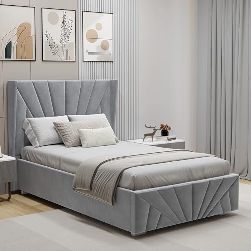 Blisswood Single Ottoman Bed – Upholstered Bed Frame with Headboard, Wooden Slats & Gas Lift-Up Storage Base – 3ft Small Bed for Kids Teens Girls or Guest Bedroom (90x190 cm Grey_Mattress Included)