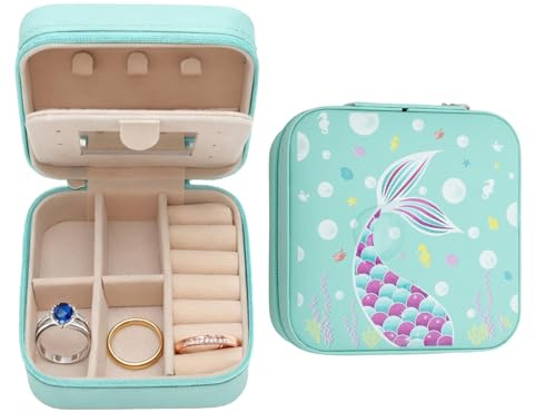 XRVRILE Meerjungfrauen Schmuckschatulle Kinder, Schmuckkästchen, Schmuckaufbewahrung Reise Mit Spiegel, Kleine Geschenke, Wasserdicht Reise Schmuck Organizer für Geschenk,Geburtstag, Weihnachten