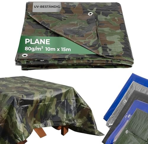 Strend Pro Abdeckplane 10x15 – Wasserdicht mit Ösen | Outdoor Plane | Gewebeplane 80g/m² | Regenplane Camouflage 10x15m| UV-beständig | Holzplane für Gartenmöbel, Zelt, Camping | Olivgrün