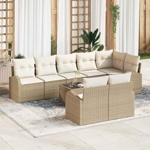 Runheo Garten Sofa Set mit Kissen 9-teilig, Beige und Weiß, Poly-Rattan, Modular, Wetterfest, UV-beständig, für Terrasse und Balkon, Outdoor Möbel