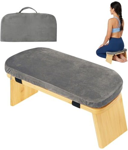 Hocomay Banco de meditación con cojín, taburete de meditación plegable de bambú para mujer, banco de oración Seiza, banco de meditación de rodillas, apto para meditación, oración, yoga (gris)