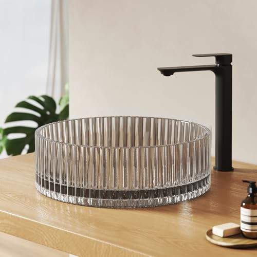 EMKE Aufsatzwaschbecken Glas, Rund, 400 x 400 mm, Transparentgrau | Glaswaschbecken, Hochwertiges Glas, 45 mm-Ablauföffnung, Pflegeleichte, Waschtisch für Badezimmer und Gäste-WC